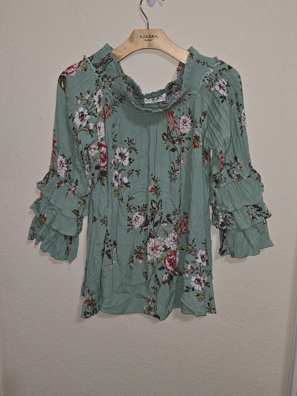 Floral Smocked-Neck Blouse in Sage Green